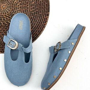 Chelsea and Violet Womens Shoes Clogs Kalli Denim Studded Size 10